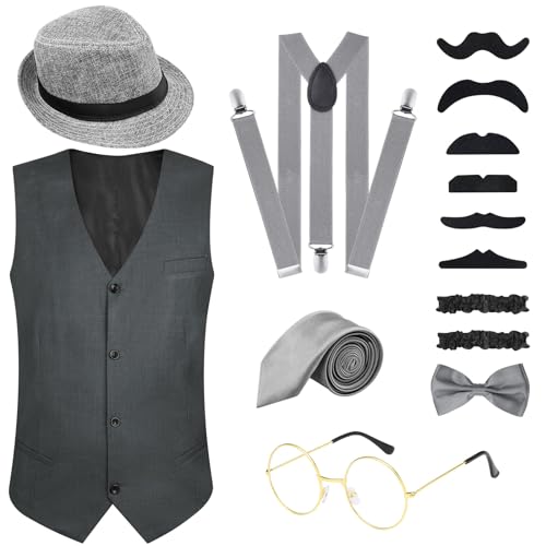 PLULON 16-teiliges 1920er-Jahre-Kostüm für Herren, Gatsby-Gangster-Weste, Brüllende 20er-Jahre-Männer-Accessoires-Set, Kleidung, Outfit mit Fedora-Hut Hosenträger Fliege Vintage-Brille Bart für Männer von PLULON