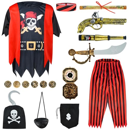 PLULON 17-teiliges Piratenkostüm für Jungen mit Piratenzubehör, Freibeuter-Stirnband, Augenklappe, Kompass, Handhaken, Teleskop, Geldbörse, Münzen, Piratenkostüm für Kinder, Halloween-Party von PLULON