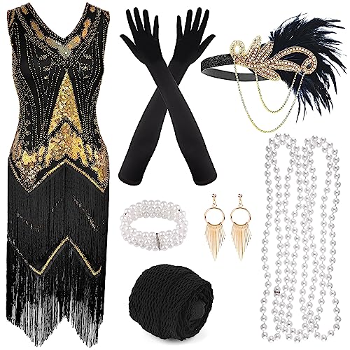 PLULON 1920er Flapper Pailletten Kleid mit Fransen und 20er Accessoires Set V-Ausschnitt Gatsby Kleid mit Flapper Feder Kopfbedeckung Lange Handschuhe Halskette Goldohrringe für Damen von PLULON