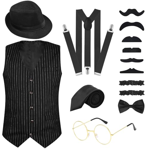 PLULON 1920er Herren Accessoires Bekleidung Kostüm Outfit mit Weste Fedora Hut Taschenuhr Hosenträger Krawatte für Herren von PLULON