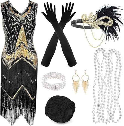 PLULON 1920er-Jahre-Flapper-Kleid mit Fransen und 20er-Jahre-Accessoires-Set, V-Ausschnitt, Gatsby-Kleid mit Flapper-Feder-Kopfbedeckung, lange Handschuhe, Halskette, goldene Ohrringe für Damen von PLULON