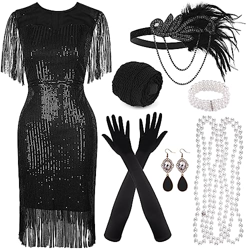 PLULON 1920er-Jahre-Kleid mit Pailletten, Perlen und Fransen Set mit Accessoires im Stil der 20er Jahre, V-Ausschnitt Gatsby-Kleid mit Feder-Kopfbedeckung Handschuhen Halskette goldene Ohrringe Damen von PLULON