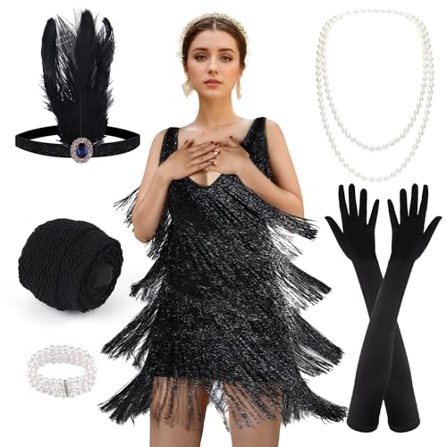 PLULON 1920er-Jahre-Kleider für Damen, Gatsby-Flapper-Cocktailkleider mit Paillettenfransen, 1920er-Jahre-Accessoire-Set, Roaring-20s-Kostüme von PLULON