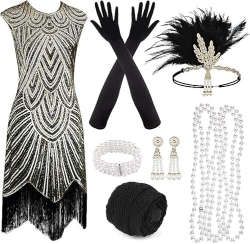 PLULON 1920er-Jahre-Pailletten-Perlen-Fransen-Flapper-Gatsby-Kleid mit 20er-Jahre-Accessoires-Set, brüllende 20er-Jahre-Kostüme, Stirnband, Halskette, Handschuhe für Damen von PLULON