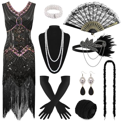 PLULON 1920er-Jahre-Pailletten-Perlen-Fransen-Flapper-Gatsby-Kleid mit 20er-Jahre-Accessoires-Set brüllende 20er-Jahre-Kostüme Stirnband Halskette Handschuhe für Damen (Black, Medium) von PLULON