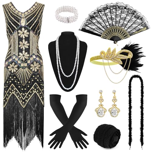 PLULON 1920er-Jahre-Pailletten-Perlen-Fransen-Flapper-Gatsby-Kleid mit 20er-Jahre-Accessoires-Set brüllende 20er-Jahre-Kostüme Stirnband Halskette Handschuhe für Damen (Gold, Small) von PLULON