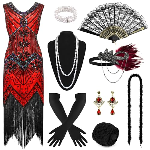 PLULON 1920er-Jahre-Pailletten-Perlen-Fransen-Flapper-Gatsby-Kleid mit 20er-Jahre-Accessoires-Set brüllende 20er-Jahre-Kostüme Stirnband Halskette Handschuhe für Damen von PLULON