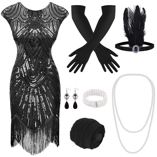 PLULON 1920er Pailletten-Perlen-Fransen-Flapper-Kleid mit 20er-Accessoires-Set (Schwarz) von PLULON