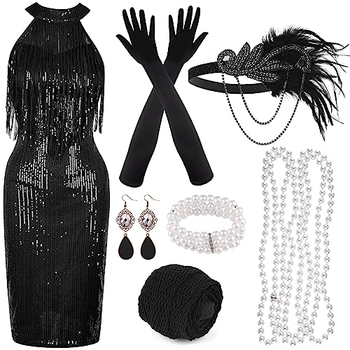 PLULON 1920er Pailletten-Perlen-Fransenkleid mit Roaring 20s Accessoires-Set V-Ausschnitt Gatsby-Kleid mit Federkopfbedeckung Handschuhe Halskette Goldohrringe für Frauen von PLULON