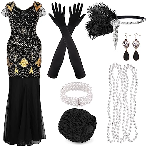 PLULON 1920er Pailletten-Perlen-Fransenkleid mit Roaring 20s Accessoires-Set V-Ausschnitt Gatsby-Kleid mit Federkopfbedeckung Handschuhe Halskette Goldohrringe für Frauen von PLULON