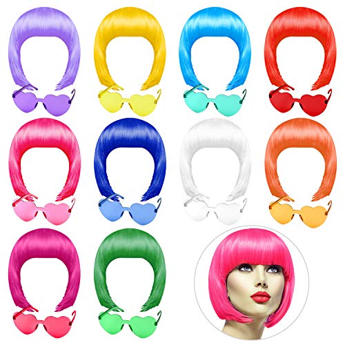 PLULON 20 Teile Party Perücken und Sonnenbrillenset, Neon Short Bob Perücke Sonnenbrillenpackung Kostüm Bunt Cosplay Tägliche Party Haarstücke zum Bachelorette Neon Party, Halloween Dekorationen von PLULON