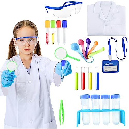 PLULON 23-teiliges Wissenschaftler-Kostüm für Kinder Laborkittel mit Science-Experiment-Kit zum Anziehen Rollenspiel Schulprojekte für Kinder Jungen Mädchen Halloween-Partykostüme(Large, White) von PLULON