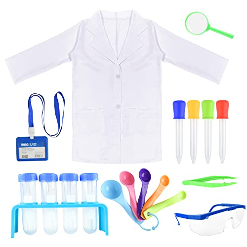 PLULON 23-teiliges Wissenschaftler-Kostüm für Kinder Laborkittel mit Science-Experiment-Kit zum Anziehen Rollenspiel Schulprojekte für Kinder Jungen Mädchen Halloween-Partykostüme(XLarge, White) von PLULON