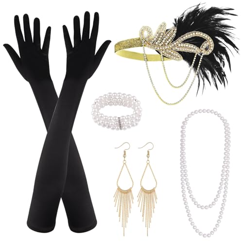 PLULON 7-teiliges 1920er Flapper Great Gatsby Accessoires-Set Fashion Roaring 20's Theme Set mit Stirnband, Kopfbedeckung, langen schwarzen Handschuhen, Halskette, Ohrringen für Damen (Stil 4) von PLULON