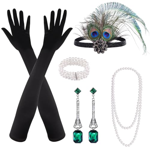 PLULON 7-teiliges 1920er Flapper Great Gatsby Accessoires-Set Fashion Roaring 20's Theme Set mit Stirnband, Kopfbedeckung, langen schwarzen Handschuhen, Halskette, Ohrringen für Damen (Stil 5) von PLULON