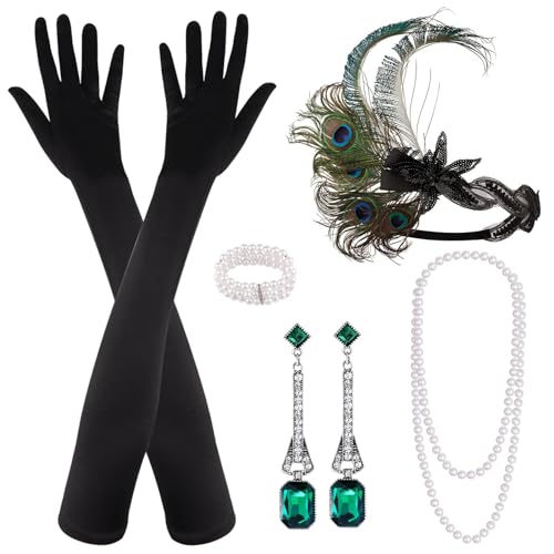 PLULON 7-teiliges 1920er Flapper Great Gatsby Accessoires-Set Fashion Roaring 20's Theme Set mit Stirnband, Kopfbedeckung, langen schwarzen Handschuhen, Halskette, Ohrringen für Damen (Stil 6) von PLULON