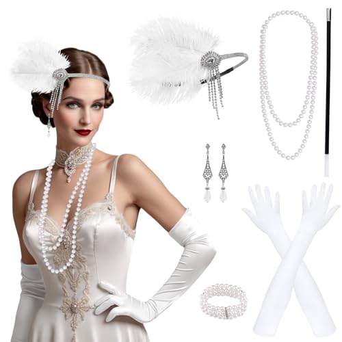 PLULON 8 teiliges 1920er Flapper Great Gatsby Accessoires-Set Fashion Roaring 20's Theme Set mit Stirnband, Kopfbedeckung, langen schwarzen (Style 8) von PLULON