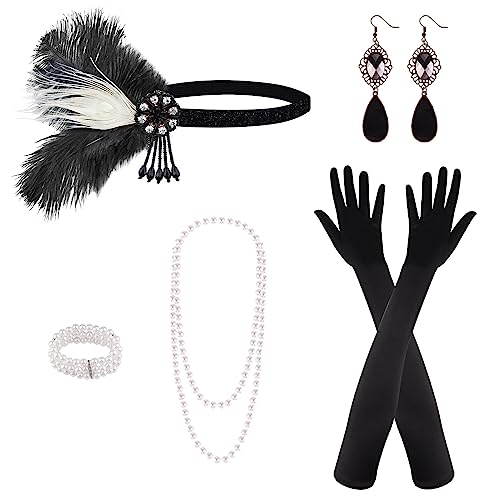 PLULON 8 teiliges 1920er Flapper Great Gatsby Accessoires-Set Fashion Roaring 20's Theme Set mit Stirnband, Kopfbedeckung, langen schwarzen Handschuhen, Halskette, Ohrringen für Frauen von PLULON