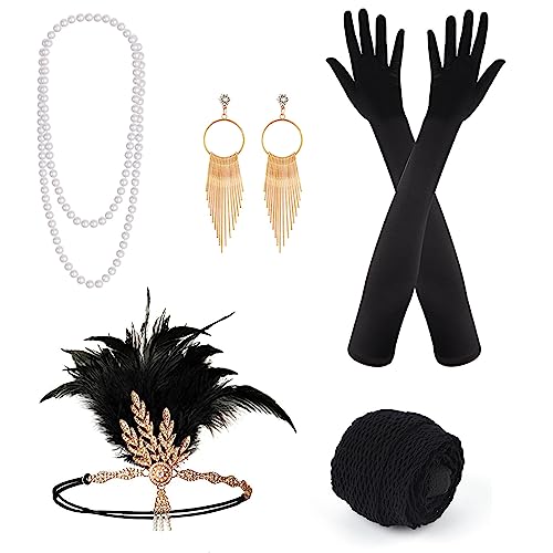 PLULON 8 teiliges 1920er Flapper Great Gatsby Accessoires-Set Fashion Roaring 20's Theme Set mit Stirnband, Kopfbedeckung, langen schwarzen Handschuhen, Halskette, Ohrringen für Frauen von PLULON