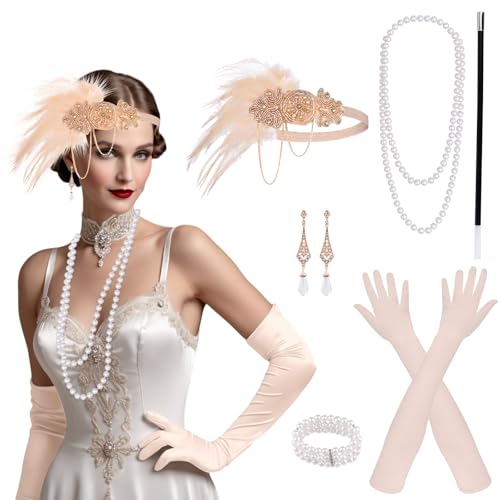 PLULON 8 teiliges Flapper-Accessoire-Set im Stil der 1920er für Damen, Great Gatsby-Stirnband, Kopfbedeckung, Roaring 20s-Kostüm-Accessoire-Set von PLULON