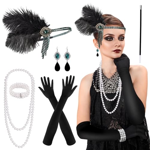 PLULON 8 teiliges Flapper-Accessoire-Set im Stil der 1920er für Damen, Great Gatsby-Stirnband, Kopfbedeckung, Roaring 20s-Kostüm-Accessoire-Set von PLULON