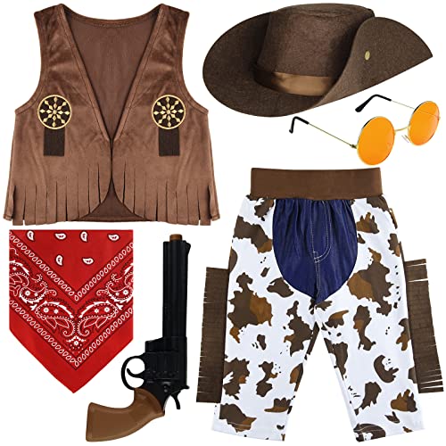 PLULON 8-teiliges Kinder-Cowboy-Kostüm, Anzieh-Outfit für Jungen, Cowboyhut mit Kopftuch für Kinder Rollenspiele Partys Cosplay Halloween-Partykostüme von PLULON