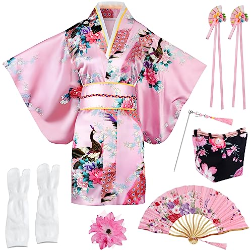 PLULON 9 Stück japanische Kimonos für Kinder Robe japanisches traditionelles Kleid Satin-Kimonos mit Blumenmuster für Mädchen Cosplay-Kostüm von PLULON