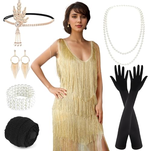 PLULON Flapper-Kleid für Damen, 1920er-Jahre, Gatsby, Pailletten, Fransen, V-Ausschnitt, brüllende 20er-Jahre-Kleider, Kostüme mit 20er-Jahre-Accessoires-Set von PLULON