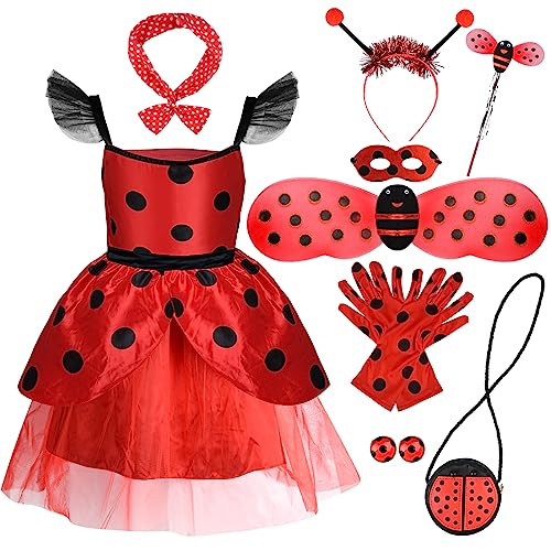 PLULON Marienkäfer Kleid Kostüm mit Zubehör für Kinder entzückendes gepunktetes Tutu-Kleid-Set mit Tasche Stirnband Handschuhen Flügeln Rollenspiel für Mädchen Halloween Geburtstagsfeier(Alter 2–8) von PLULON