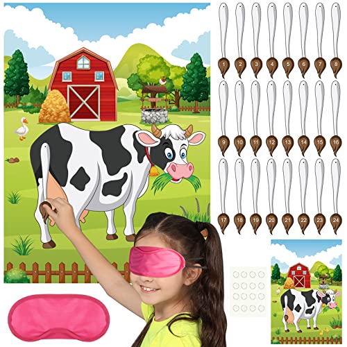 PLULON Pin The Tail on The Game Cow Game Poster mit 24 Stück Schwanzaufklebern für Farm Animal Home Wanddekorationen Birthday Party Game Supplies (Cow) von PLULON