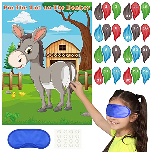 PLULON Pin The Tail on The Cow Farm Party Game Cow Game Poster mit 24 Stück Schwanzaufklebern für Farm Animal Home Wanddekorationen Birthday Party Game Supplies (Donkey) von PLULON