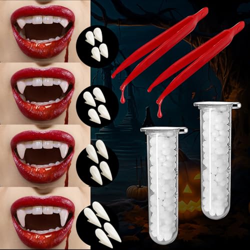 PLULON 8 Paar Vampirzähne, Reißzähne, Halloween-Vampir-Zubehör, 4 Größen, Vampirzähne mit selbstklebenden Vampirzähnen Halloween-Vampir-Kostüm für Erwachsene Frauen und Männer Halloween-Party Cosplay von PLULON