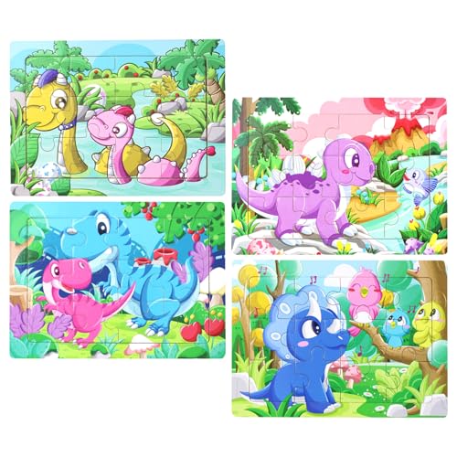 PLUSHCEWT 4Pack Holzpuzzles für Kinder Dinosaurier Tiere Puzzles Spielzeug Kinder Lernen pädagogische Puzzles Spielzeug Set für Kinder 2 3 4 5 6 7 8 Jahre alte Jungen Mädchen (A) von PLUSHCEWT