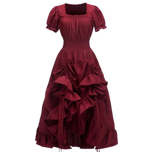 PLWEDDING DDamen Renaissance Kostüme Mittelalterliches Kleid Viktorianisches Hochgeschlossenes Kleid(Burgund,2XL) von PLWEDDING