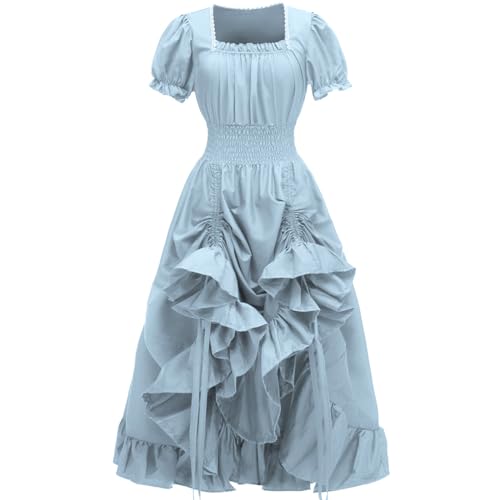 PLWEDDING DDamen Renaissance Kostüme Mittelalterliches Kleid Viktorianisches Hochgeschlossenes Kleid(Himmelblau,2XL) von PLWEDDING