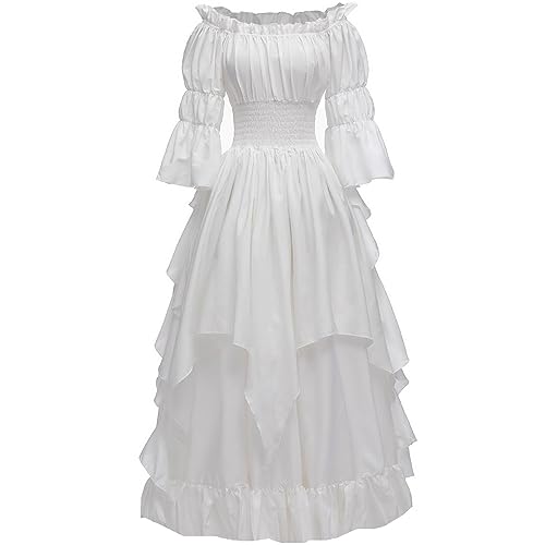 PLWEDDING Damen Gothic Hexen Kleid Mittelalter Renaissance Kostüm Viktorianisches Kleid(weiß,2XL/3XL) von PLWEDDING