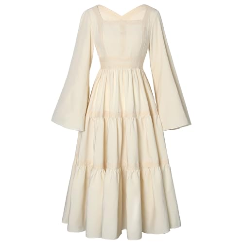 PLWEDDING Renaissance-Kostüm für Damen, mittelalterliches Kleid, langes Kleid mit Glockenärmeln, Ren-Faire-Kleid(Champagner,XXL) von PLWEDDING