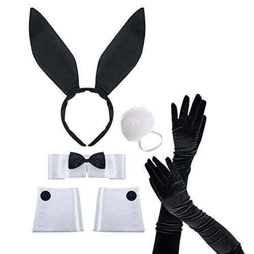 PMELCXD Damen Bunny Zubehör Set Hasenohren Stirnband Kragen Fliege Kostüm Manschetten Hasenschwanz Kostüm Cosplay Party von PMELCXD