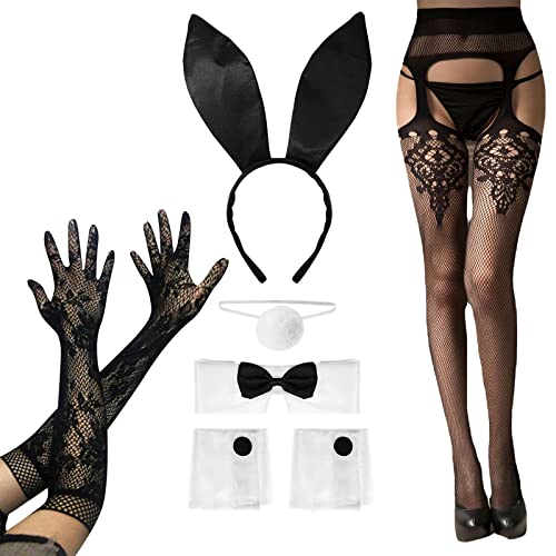 PMELCXD Damen Bunny Zubehör Set Hasenohren Stirnband Kragen Fliege Kostüm Manschetten Hasenschwanz Kostüm Cosplay Party von PMELCXD