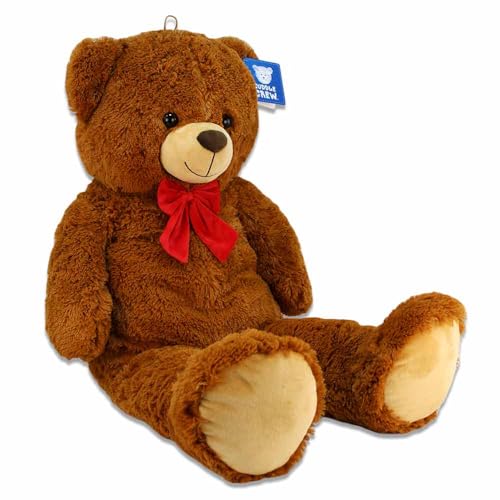 PMS Teddy XXL – Riesen Teddybär Mit Roter Schleife, Ca. 100 cm Stehend / 60 cm Sitzend, Mit Kunststoffaugen, Farbe Braun, Mit Schlaufe zum Anhängen von PMS