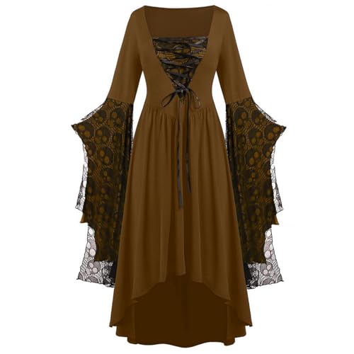 PMUYBHF Kleid Mit Gothic-Kragen Gothic-Kleidung für Frauen, Halloween, Spitze, Punk-Kleid, Übergröße, Retro-Kleid, mittelalterliches Kostüm Katze Cosplay Kostüm 4tlg (Brown, XL) von PMUYBHF