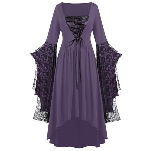 PMUYBHF Kleid Mit Gothic-Kragen Gothic-Kleidung für Frauen, Halloween, Spitze, Punk-Kleid, Übergröße, Retro-Kleid, mittelalterliches Kostüm Katze Cosplay Kostüm 4tlg (Purple, S) von PMUYBHF