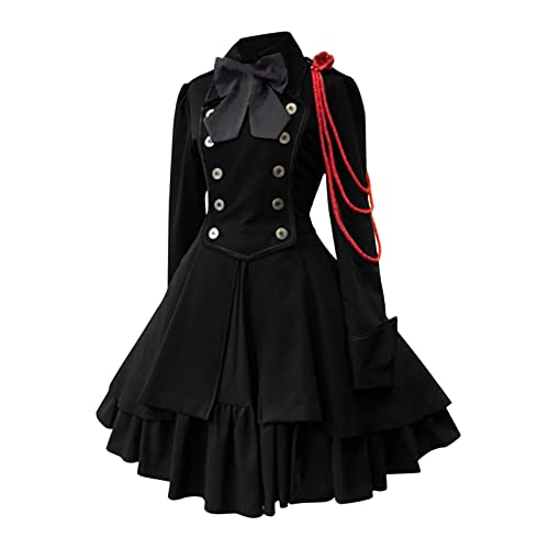 PMUYBHF Mittelalterliche Hüte Für Damen Damenkleid Retro-Stil, einfarbig, Trompetenärmel, langes Prinzessinnenkleid Prinzessin Kostüm Frauen Cosplay (Black, M) von PMUYBHF