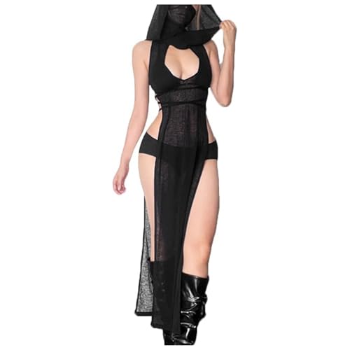 PMUYBHF Mittelalterliche Kleider Für Damen Ballkleid modisches Kleid im Halloween-Stil mit hohem Schlitz für Damen Waldelfenkostüm Für Frauen Cosplay (Black, S) von PMUYBHF