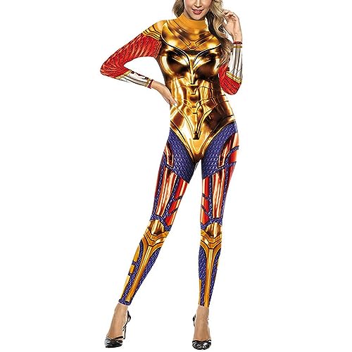 PMUYBHF Stulpen Für Männer Mittelalterlich Damen-Halloween-Filmcharakter-Volldruck-Bodysuit-Kostüm mit eng anliegender Passform Chica-Cosplay-Kostüm (Red, XL) von PMUYBHF