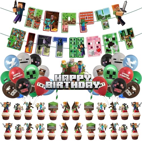 POCHY 18 Pcs Luftballons Geburtstag Kinder, Minecraft Geburtstag Deko mit 25 Pcs Cupcake Topper, Gamer Geburtstagsdeko Ballon-Set für Jungen Mädchen von ZYZYZK