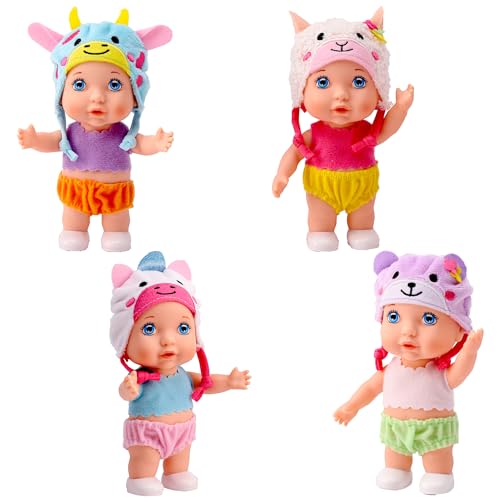 POCO DIVO 4 Stück Kleinkind-Puppen mit Cartoon-Mütze, 15,2 cm, glückliches Spielzeug für Neugeborene, Kinder, Tierkappe, niedliches Baby Jungen Mädchen Hut am Wade, Lamm, Einhorn-Teddybär-Design von POCO DIVO