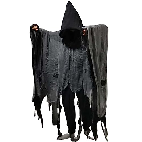 Gothic Herren Kapuzenjacke Cape Halloween-Kostüm Zaubererroben mit Kapuze unregelmäßige Fledermausärmel langer zerrissener Umhang Pirat Vampir-Cosplay Männer Retro Kleidung Baumwolle und Leinen von PODOLIXIA