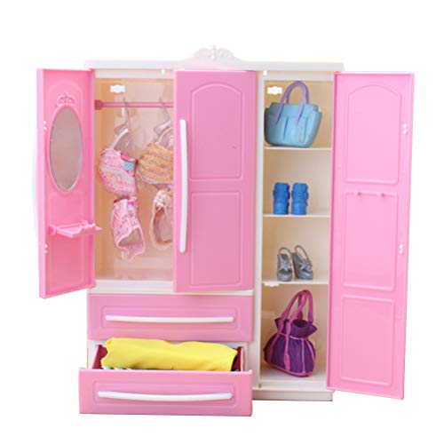 Kunststoff-Mini-Kleiderschrank, Aufbewahrung von Puppenkleidung und Schmuck, Modisches Ankleiden, Regalplatz-Ausstellung, für Mädchen-Puppenkleidung und -Accessoires (PINK) von POENVFPO