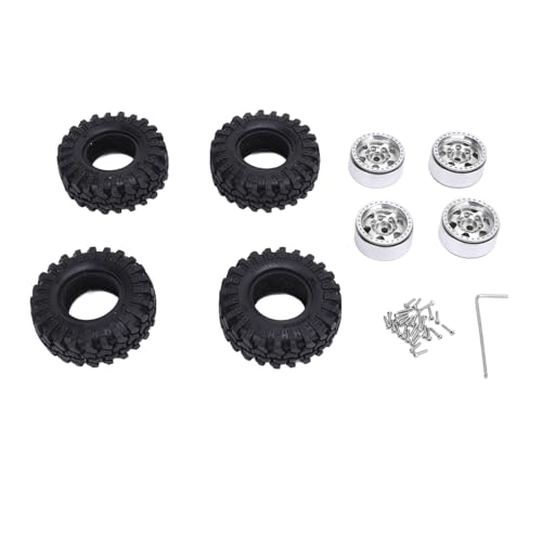 POENVFPO 4PCS 1.0 und Reifen, Ovale Aluminium-Radnabe und Gummireifen-Kit für 1/24 RC Crawler SCX24 Upgrades Zubehör (Silver) von POENVFPO